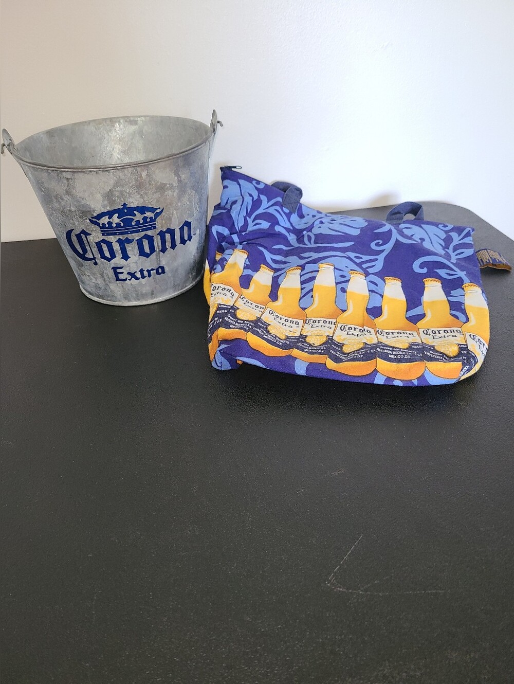 Corona Extra Bucket and Blue and Yellow Vinyl Lined Tote Beach Bag